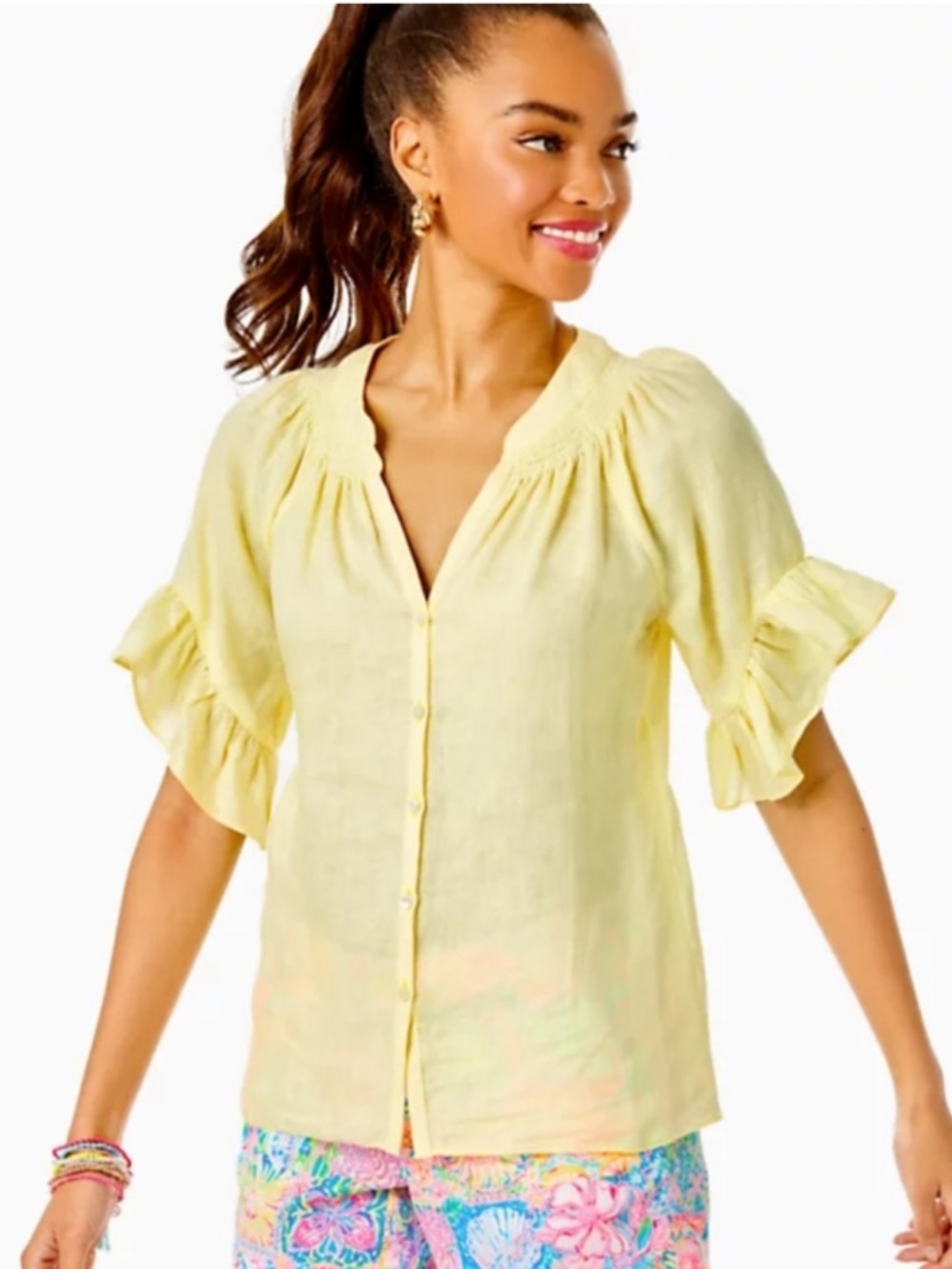 Lilly Pulitzer Tayla Top 100% Linen Bloue Women’s XL Crème Fraiche Lemon Yellow